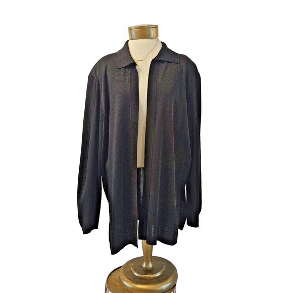 Vintage Exclusively Misook Black Cardigan Open Front Sweater Thin Tight Knit LG - Picture 1 of 7
